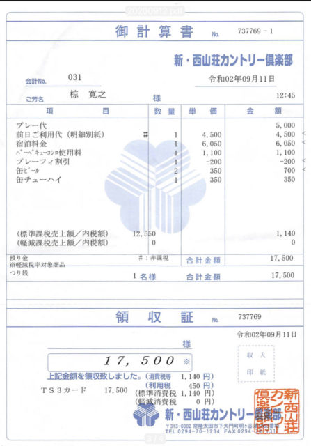 新西山荘カントリー倶楽部 精算